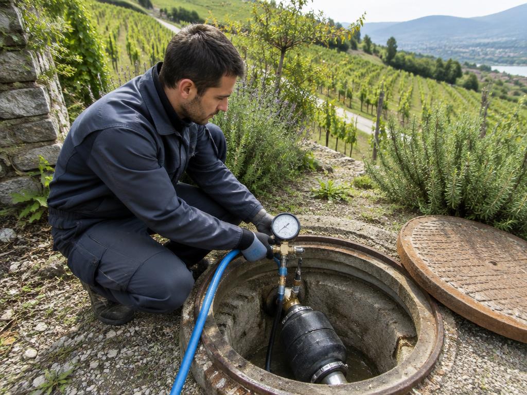 Dichtheitsprüfung am Kontrollschacht eines Gartens in Hanglage an den Lößnitz-Weinbergen