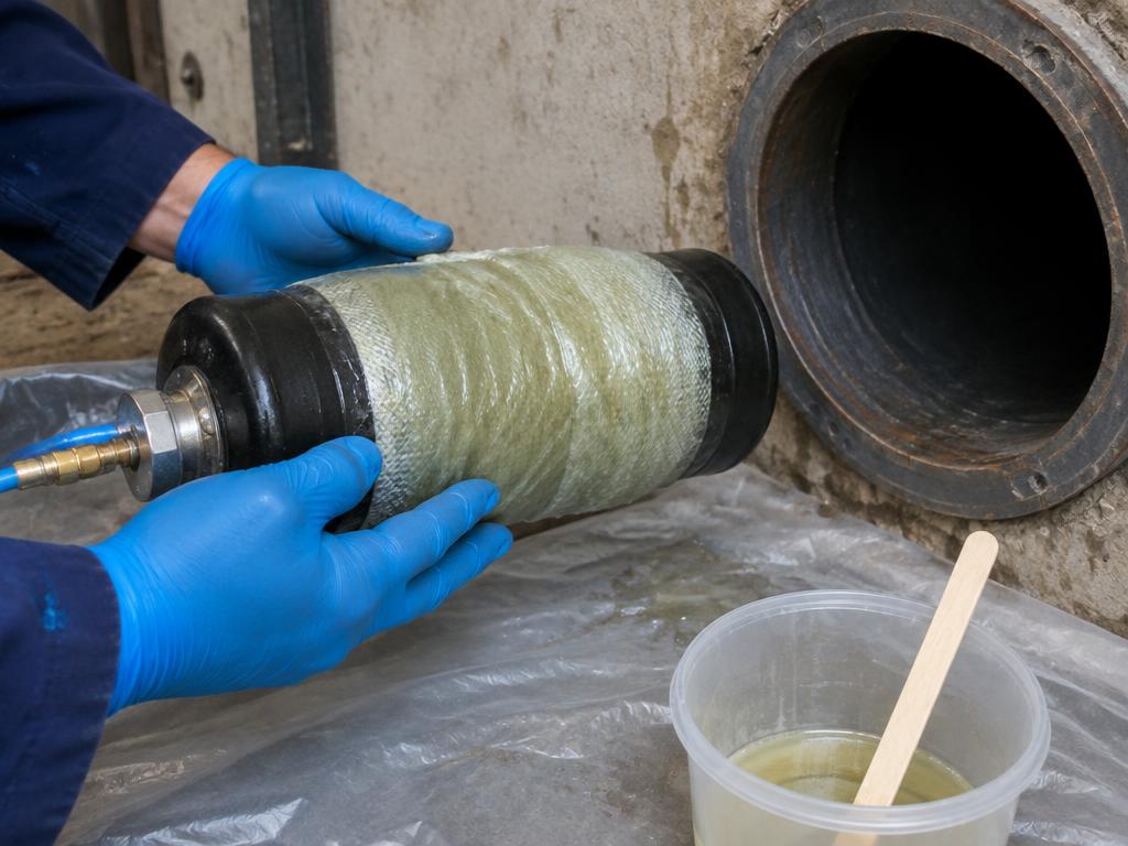 Vorbereitung eines Kurzliners für die punktuelle Reparatur einer Hausanschlussleitung nahe der Elbe in Radebeul