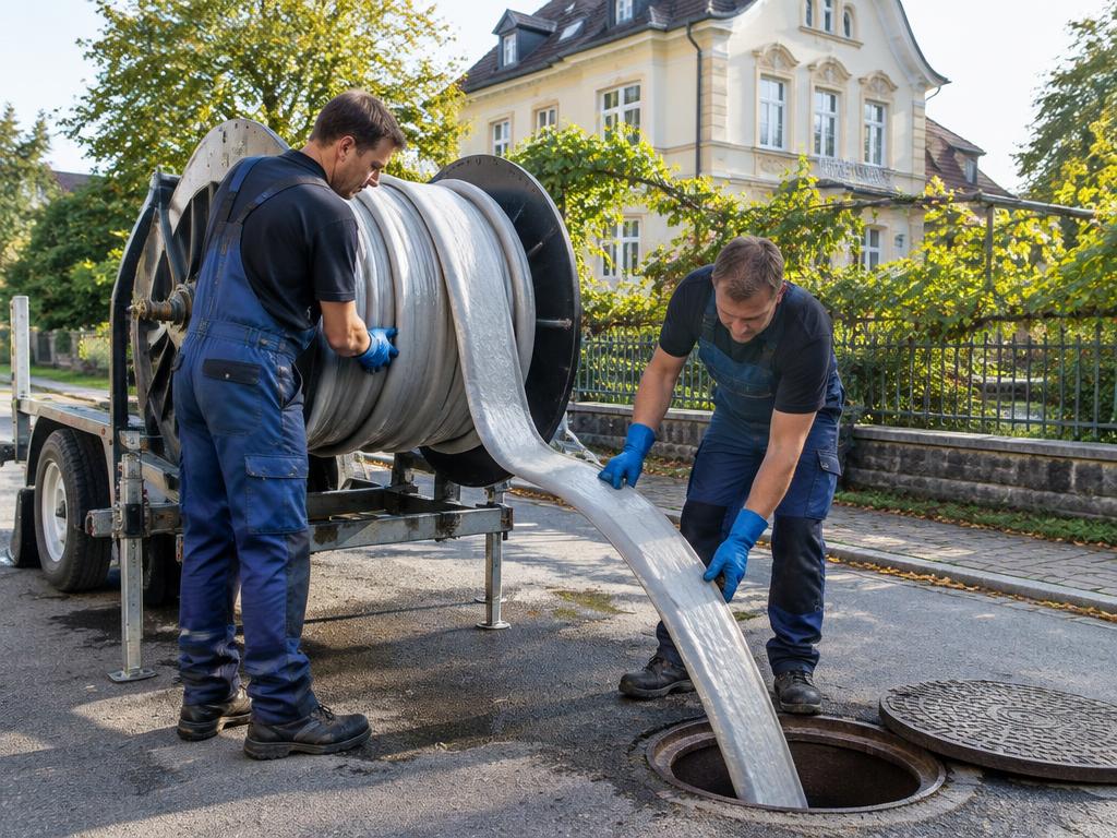 Schlauchliner wird vor einer Jugendstilvilla in Niederlößnitz in den Kanalschacht eingezogen