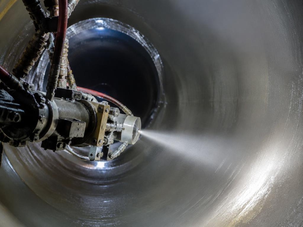 Spraycoating im Inneren einer Abwasserleitung eines Radebeuler Altbaus im Sächsischen Elbland